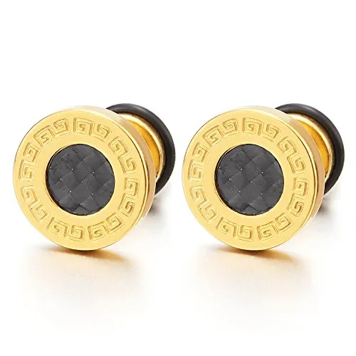 10mm Men Steel Greek Key Stud Earring with Carbon Fiber, Cheater Fake Ear Plugs Gauges