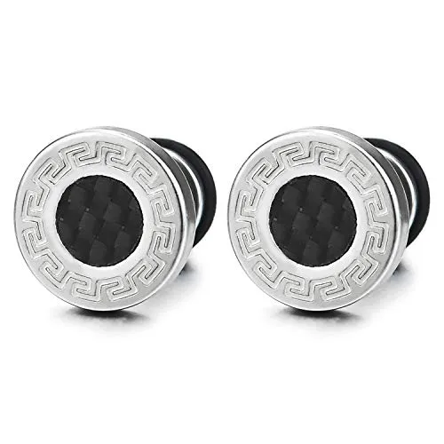 10mm Men Steel Greek Key Stud Earring with Carbon Fiber, Cheater Fake Ear Plugs Gauges