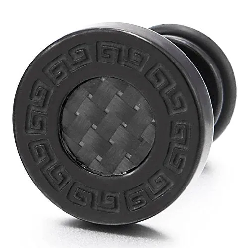 10mm Men Steel Greek Key Stud Earring with Carbon Fiber, Cheater Fake Ear Plugs Gauges