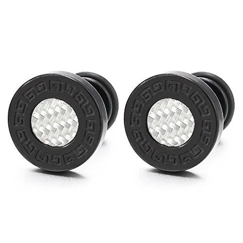 10mm Men Steel Greek Key Stud Earring with Carbon Fiber, Cheater Fake Ear Plugs Gauges