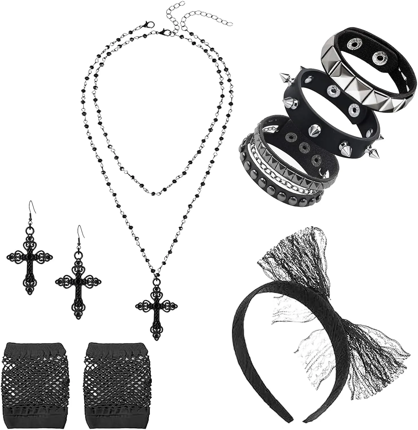 7 Pcs 80s Women Costume Accessories Set – Halloween Punk Rock Bracelets,Black Cross Necklace,Vintage Cross Earrings Lace Headband & Fishnet Gloves – Gothic Retro Outfit for Women (Black)