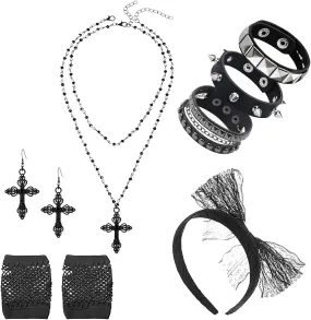 7 Pcs 80s Women Costume Accessories Set – Halloween Punk Rock Bracelets,Black Cross Necklace,Vintage Cross Earrings Lace Headband & Fishnet Gloves – Gothic Retro Outfit for Women (Black)