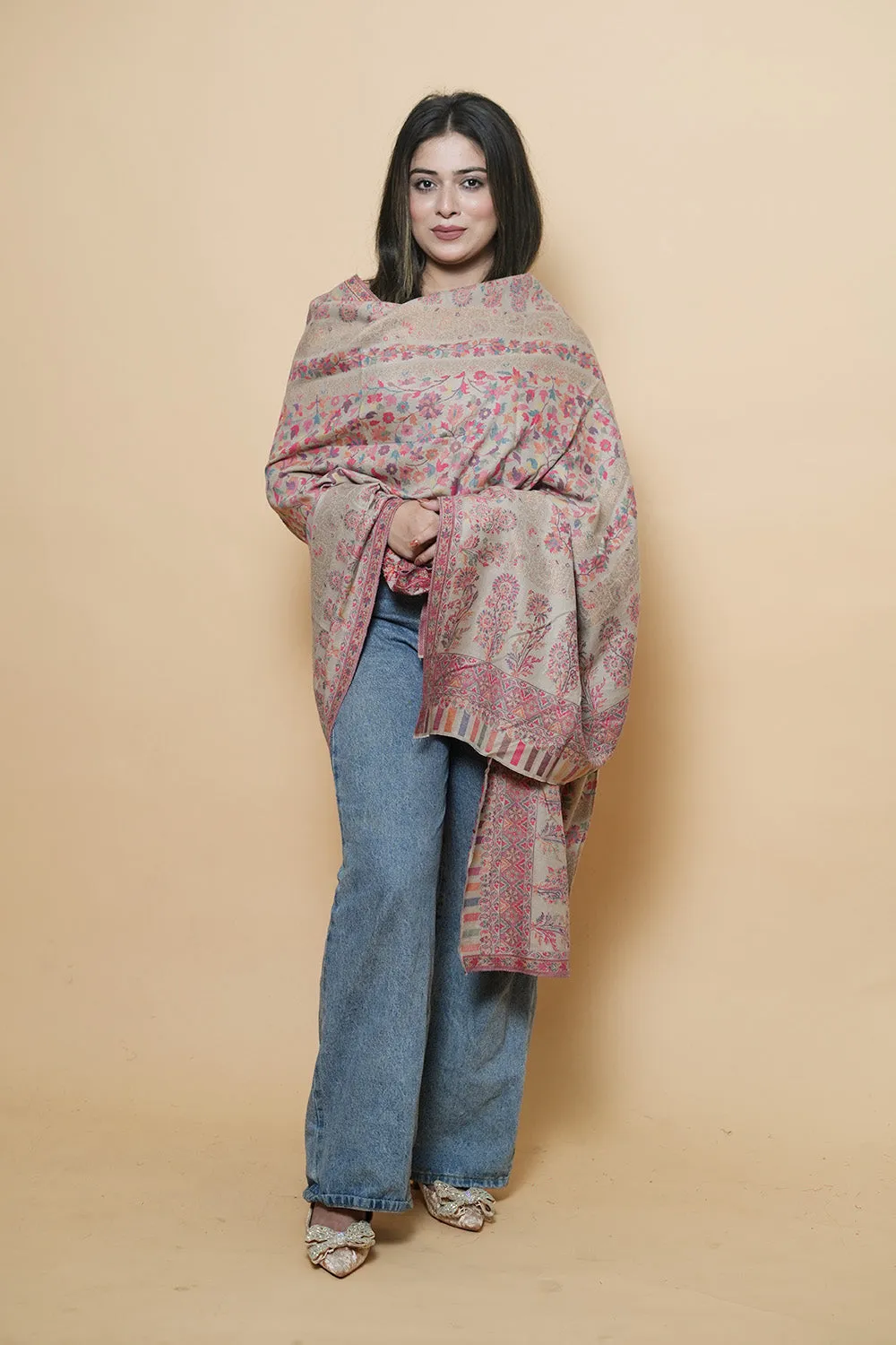 Beige Colour Beautiful Kani Border Along With All Over  Multi Color Jaal Creates Innovative Designs