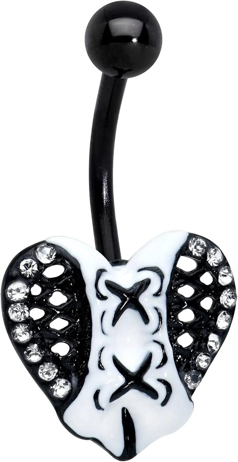 Body Candy Womens 14G Black PVD 316L Steel Navel Ring Piercing Clear Accent Corset Heart Belly Button Ring