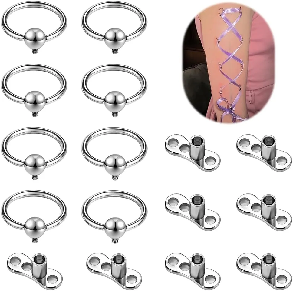 BodyAce 8PCS Dermal Piercing Skin Jewelry, 16G Captive Bead Rings Face Microdermal Tops, Surface Of Back Corset Piercing Staple Bar Play Jewelry