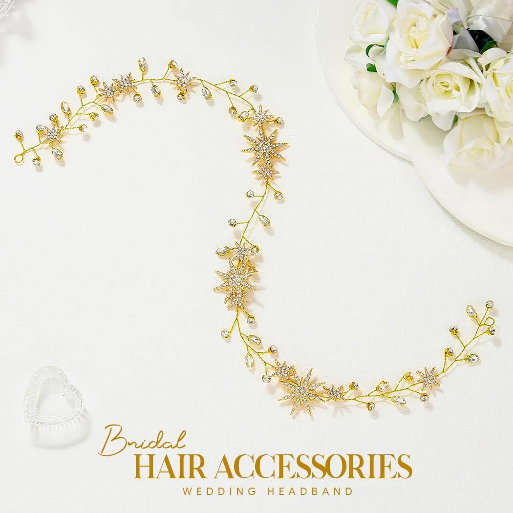 Casdre Sparkly Rhinestone Star Wedding Hair Vine Gold Crystal Bridal Hair Accessories Prom Hair Pieces for Women and Brides (A Gold)