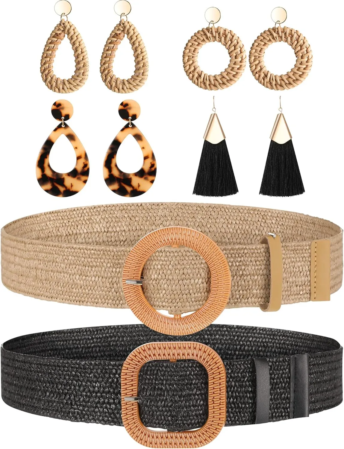 Charniol 6 Pack Straw Woven Elastic Stretch Waist Belt Rattan Earrings Set for Women, Tassel Dangle Bohemian Earrings and Braided Belt (Black, Khaki, Rustic Style)