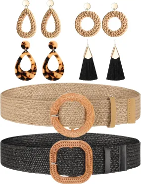 Charniol 6 Pack Straw Woven Elastic Stretch Waist Belt Rattan Earrings Set for Women, Tassel Dangle Bohemian Earrings and Braided Belt (Black, Khaki, Rustic Style)