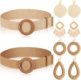 Charniol 6 Pack Straw Woven Elastic Stretch Waist Rattan Earrings Set, Tassel Dangle Bohemian and Braided Belt for Women