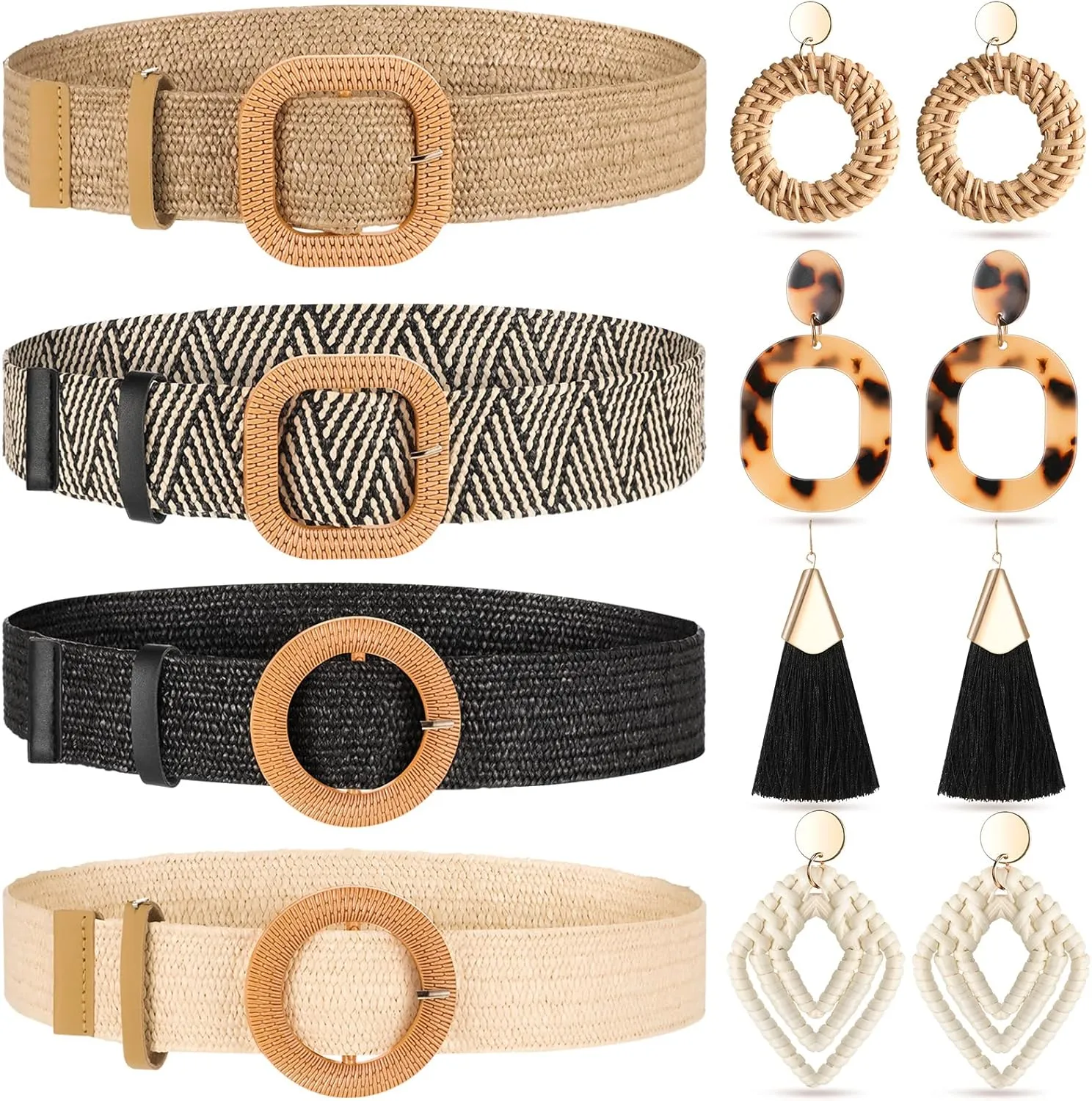 Charniol 8 Pack Straw Woven Waist Dress Belt Rattan Earrings Set for Women, Tassel Hoop Drop Dangle Bohemian Earrings and Stretch Dress Belt For Ladies And Girls