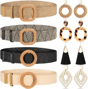 Charniol 8 Pack Straw Woven Waist Dress Belt Rattan Earrings Set for Women, Tassel Hoop Drop Dangle Bohemian Earrings and Stretch Dress Belt For Ladies And Girls