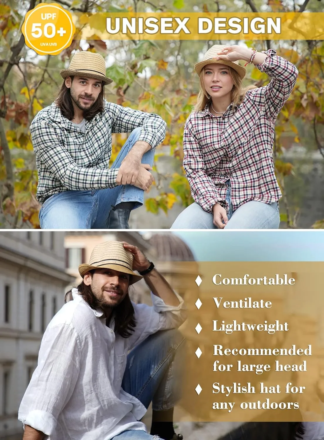 Comhats Oversize XL XXL Mens Summer Straw Fedoras Sun Hats Panama Derby Packable 57-64cm 22.4"-25.2" 7 1/8-8