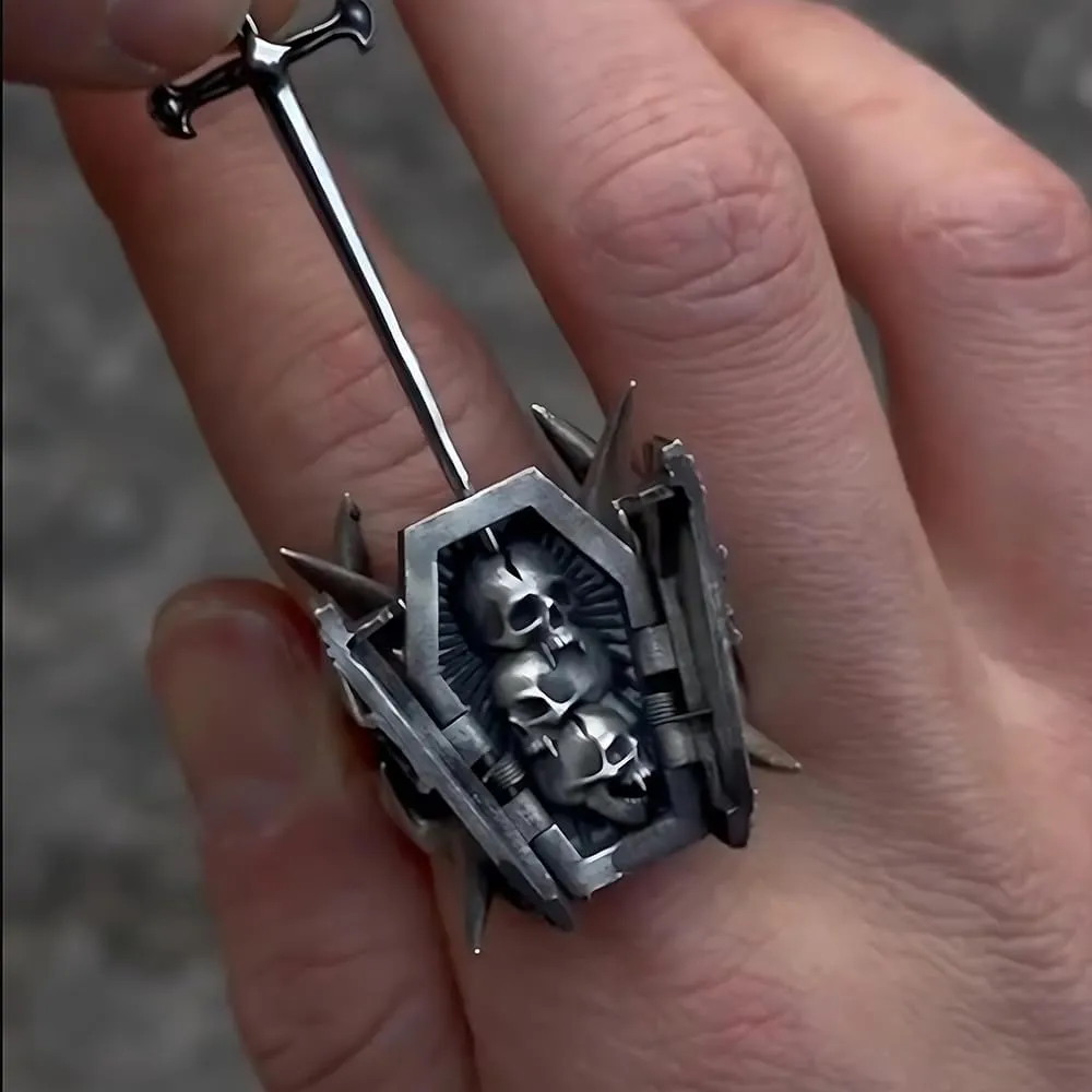 Cross Sword Coffin Ring: 2025 Gothic Titanium Steel Punk Jewelry, Heavy Metal Rebel Ring with 3D Swords & Coffin Design, Street Fashion Jewelry Dark Fashion Piece for Men & Women