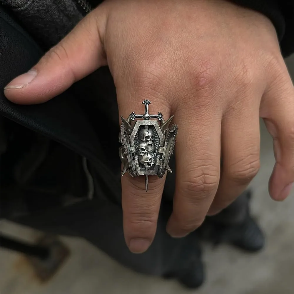 Cross Sword Coffin Ring: 2025 Gothic Titanium Steel Punk Jewelry, Heavy Metal Rebel Ring with 3D Swords & Coffin Design, Street Fashion Jewelry Dark Fashion Piece for Men & Women