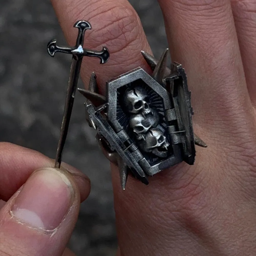 Cross Sword Coffin Ring: 2025 Gothic Titanium Steel Punk Jewelry, Heavy Metal Rebel Ring with 3D Swords & Coffin Design, Street Fashion Jewelry Dark Fashion Piece for Men & Women
