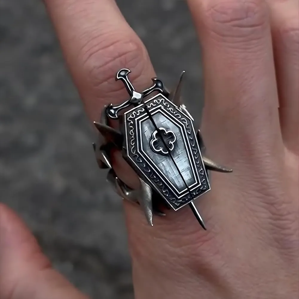 Cross Sword Coffin Ring: 2025 Gothic Titanium Steel Punk Jewelry, Heavy Metal Rebel Ring with 3D Swords & Coffin Design, Street Fashion Jewelry Dark Fashion Piece for Men & Women