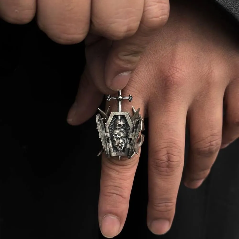 Cross Sword Coffin Ring: 2025 Gothic Titanium Steel Punk Jewelry, Heavy Metal Rebel Ring with 3D Swords & Coffin Design, Street Fashion Jewelry Dark Fashion Piece for Men & Women