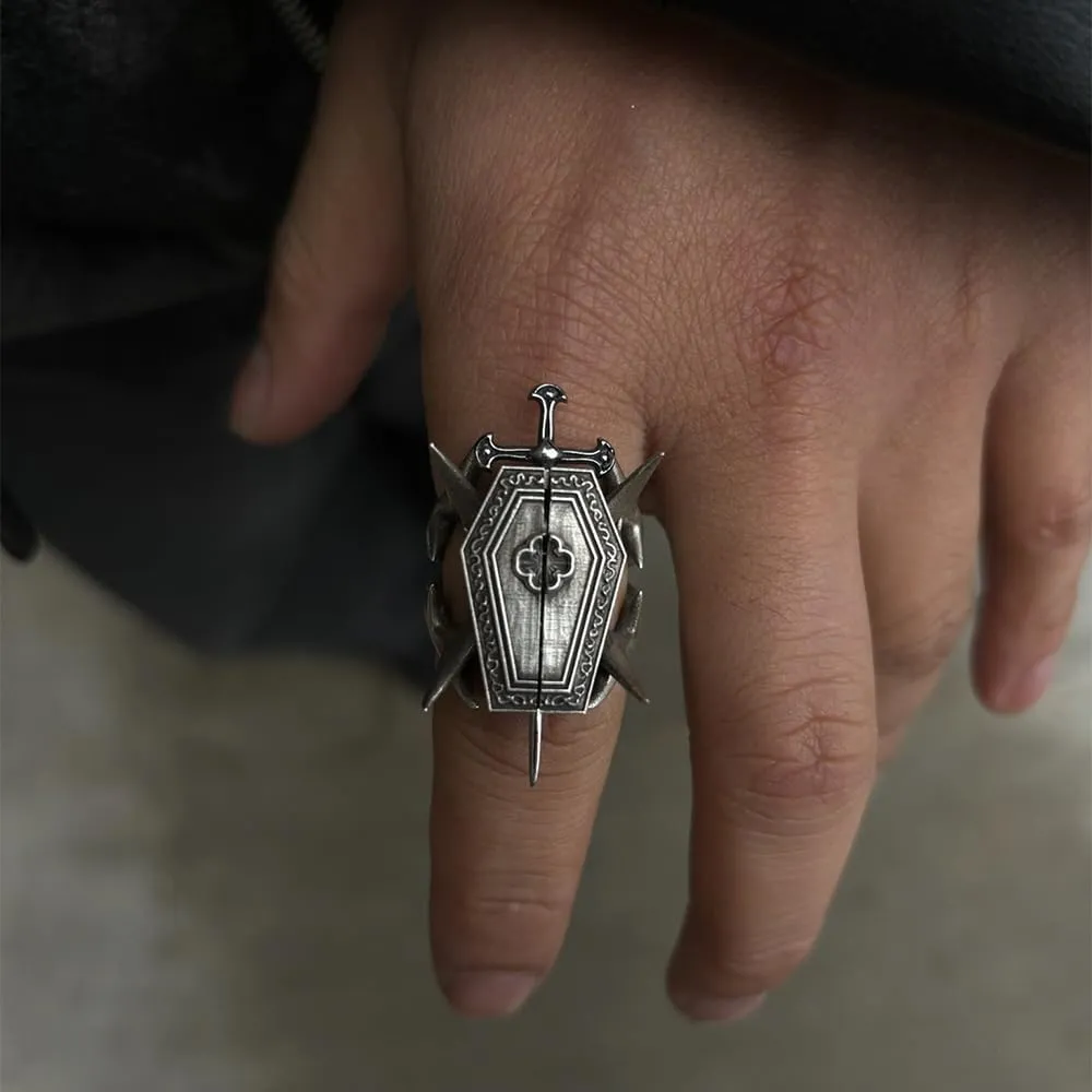 Cross Sword Coffin Ring: 2025 Gothic Titanium Steel Punk Jewelry, Heavy Metal Rebel Ring with 3D Swords & Coffin Design, Street Fashion Jewelry Dark Fashion Piece for Men & Women