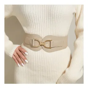 Double Buckle Cinch Belts For Women PU Leather Wide Corset Belt Elastic Waistband Vintage Dress Coat Girdle For Women