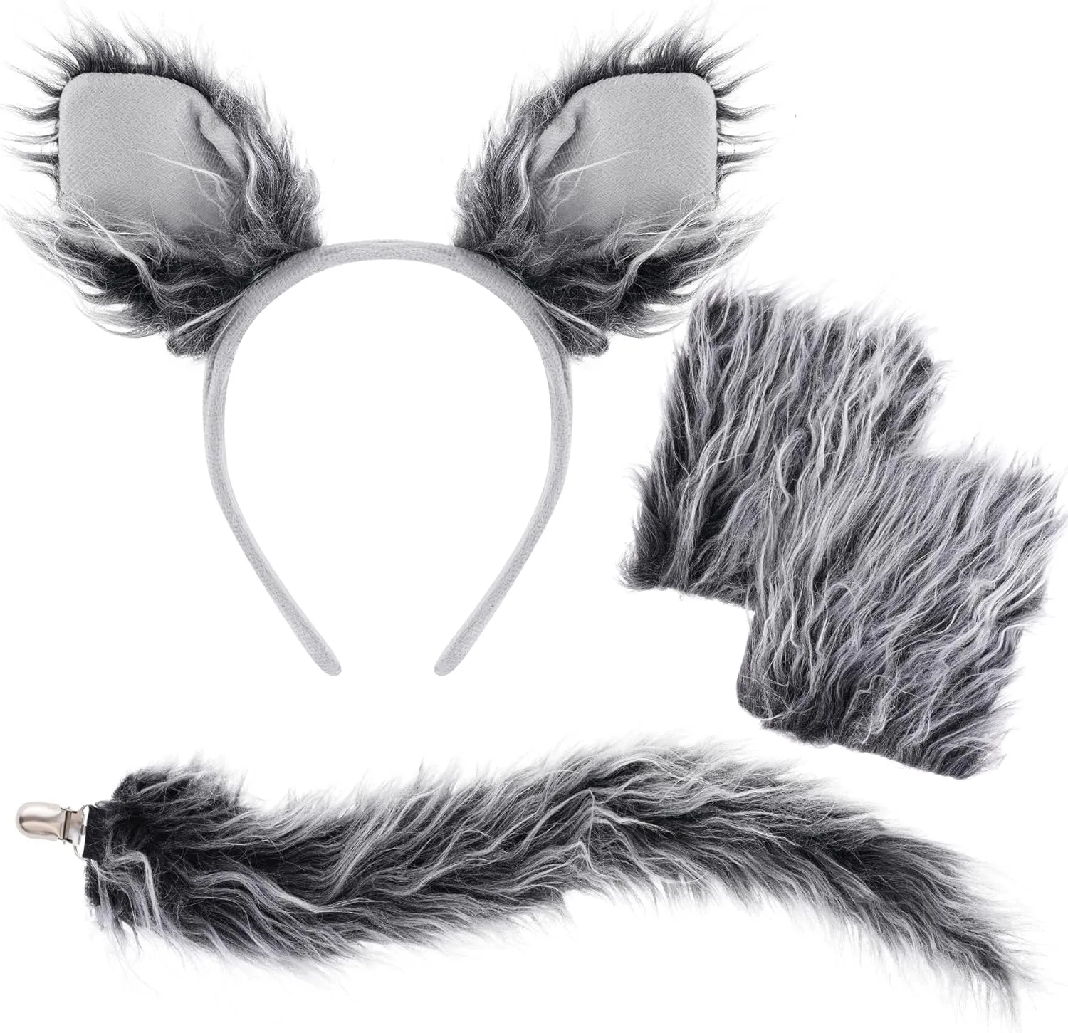 Dxhycc Wolf Costume Set Grey Wolf Ears Headband, Gloves and Tails for Halloween Dress-Up Accessory Kit