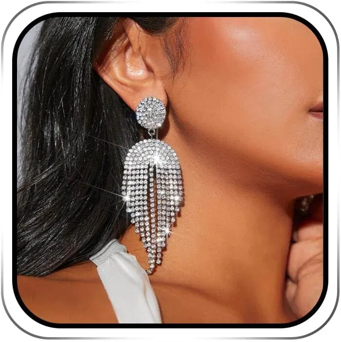 EARENT Earent Tassel Rhinestone Earrings Silver Dangling Long Chandelier Fringe Earring Sparkly Dangle Drop Earrings Vintage Wedding Prom Party Jewelry for Women (D-Silver D)