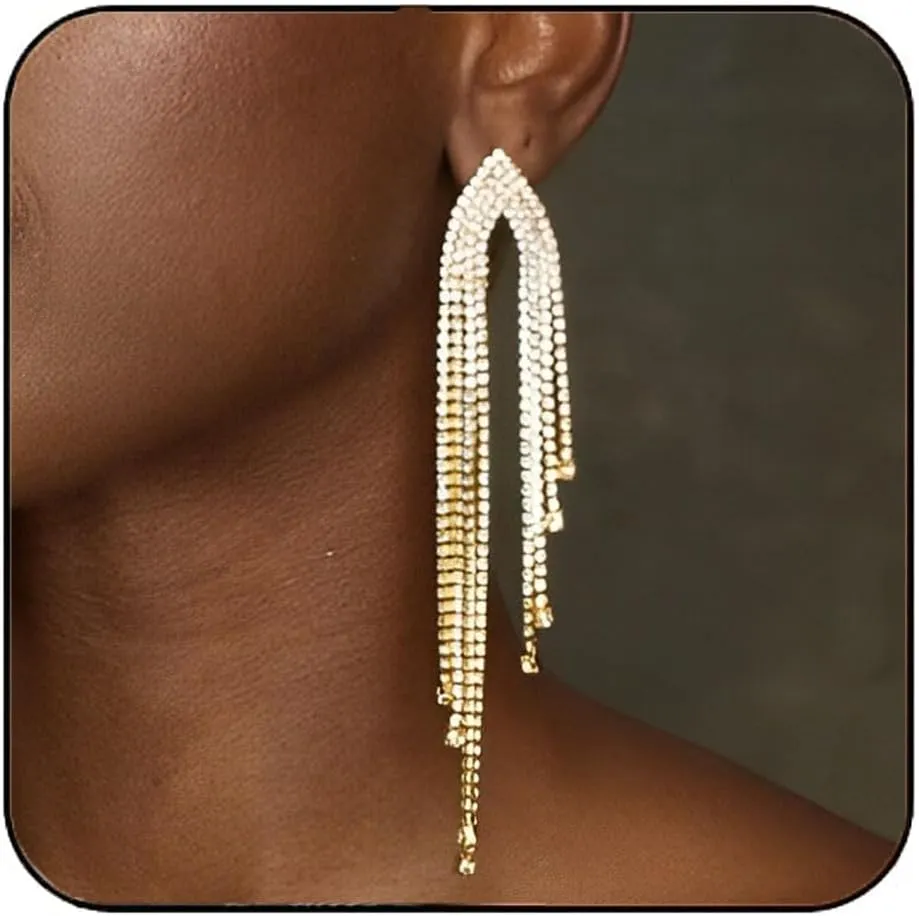 Earent Tassel Rhinestone Earrings Gold Dangling Long Chandelier Fringe Earring Sparkly Dangle Drop Earrings Vintage Wedding Prom Party Jewelry for Women (A-Gold)