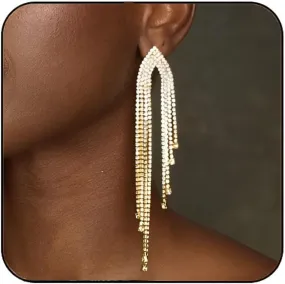 Earent Tassel Rhinestone Earrings Gold Dangling Long Chandelier Fringe Earring Sparkly Dangle Drop Earrings Vintage Wedding Prom Party Jewelry for Women (A-Gold)