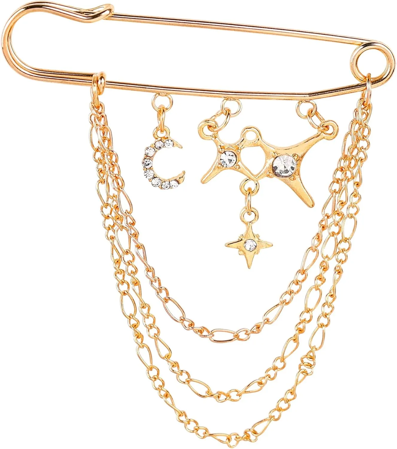 Framendino, Gold Crystal Star Moon Safety Chain Tassel Brooch Pins Collar Pin Sweater Shawl Clips Suit Label for Women