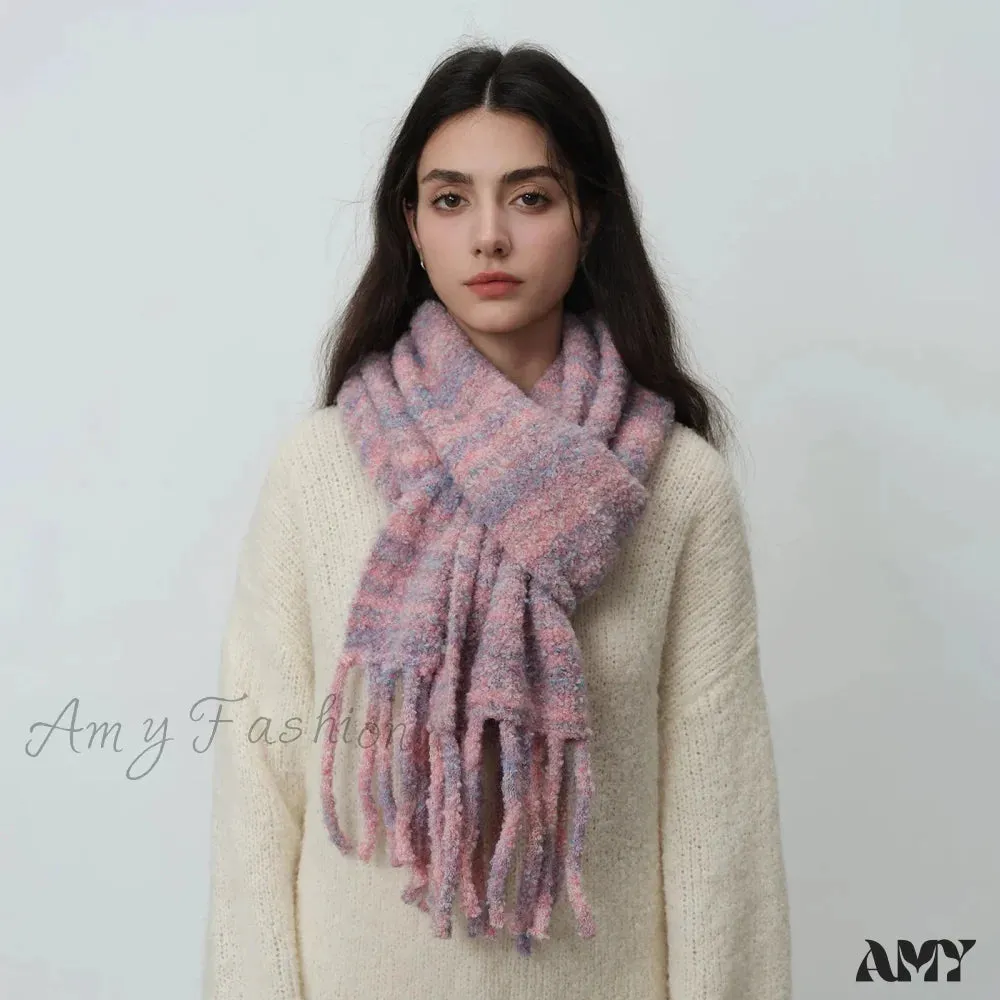 Glacier Blue Knitted Wool Scarf with Tassels for Women