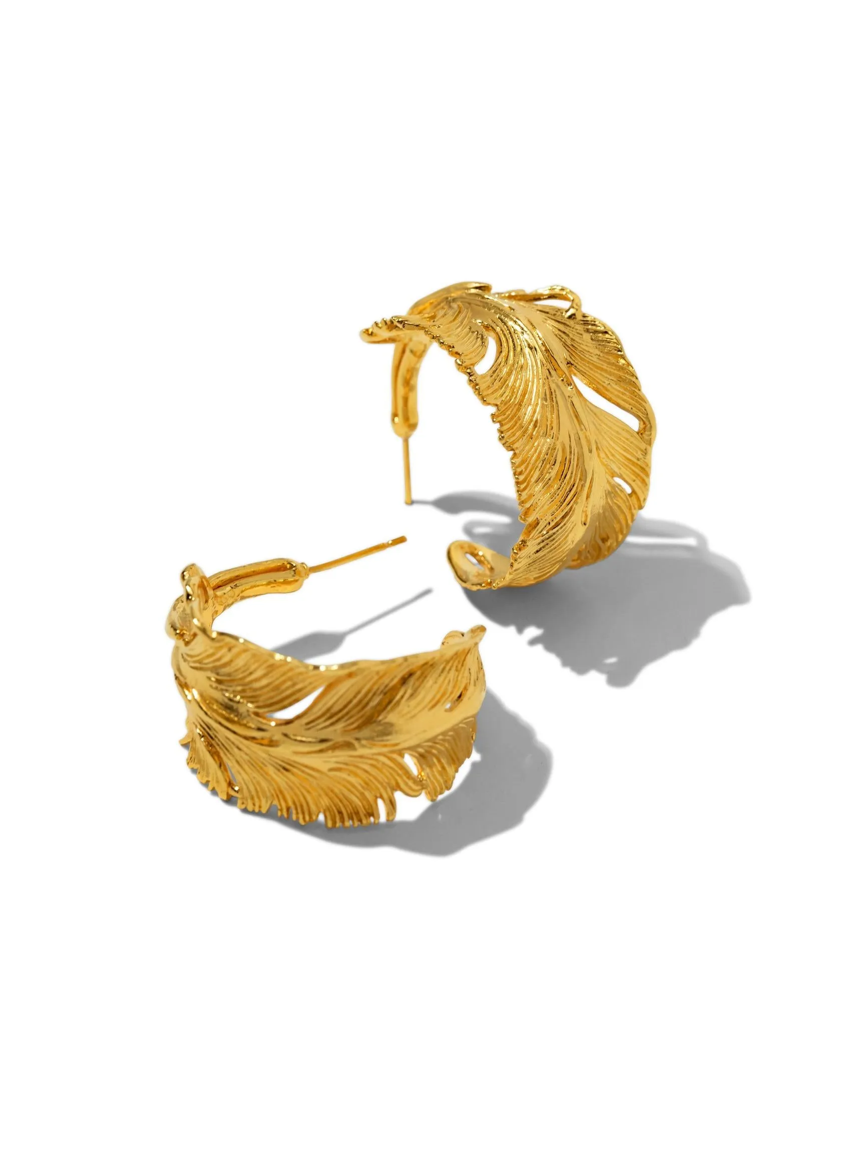 Gold Plume Hoop Post Earrings