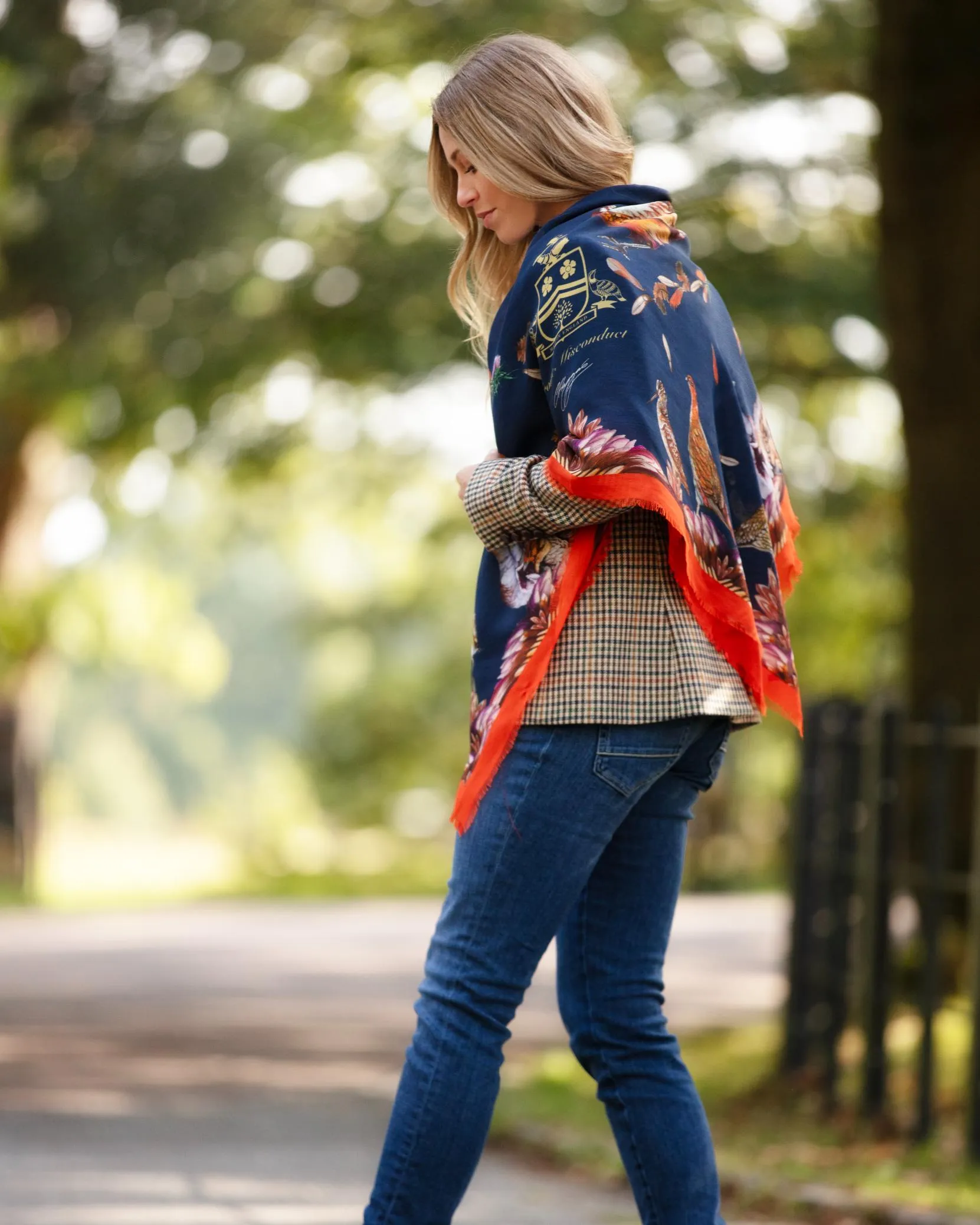 Grouse Misconduct Navy Blue & Seville Orange Wool Silk Shawl