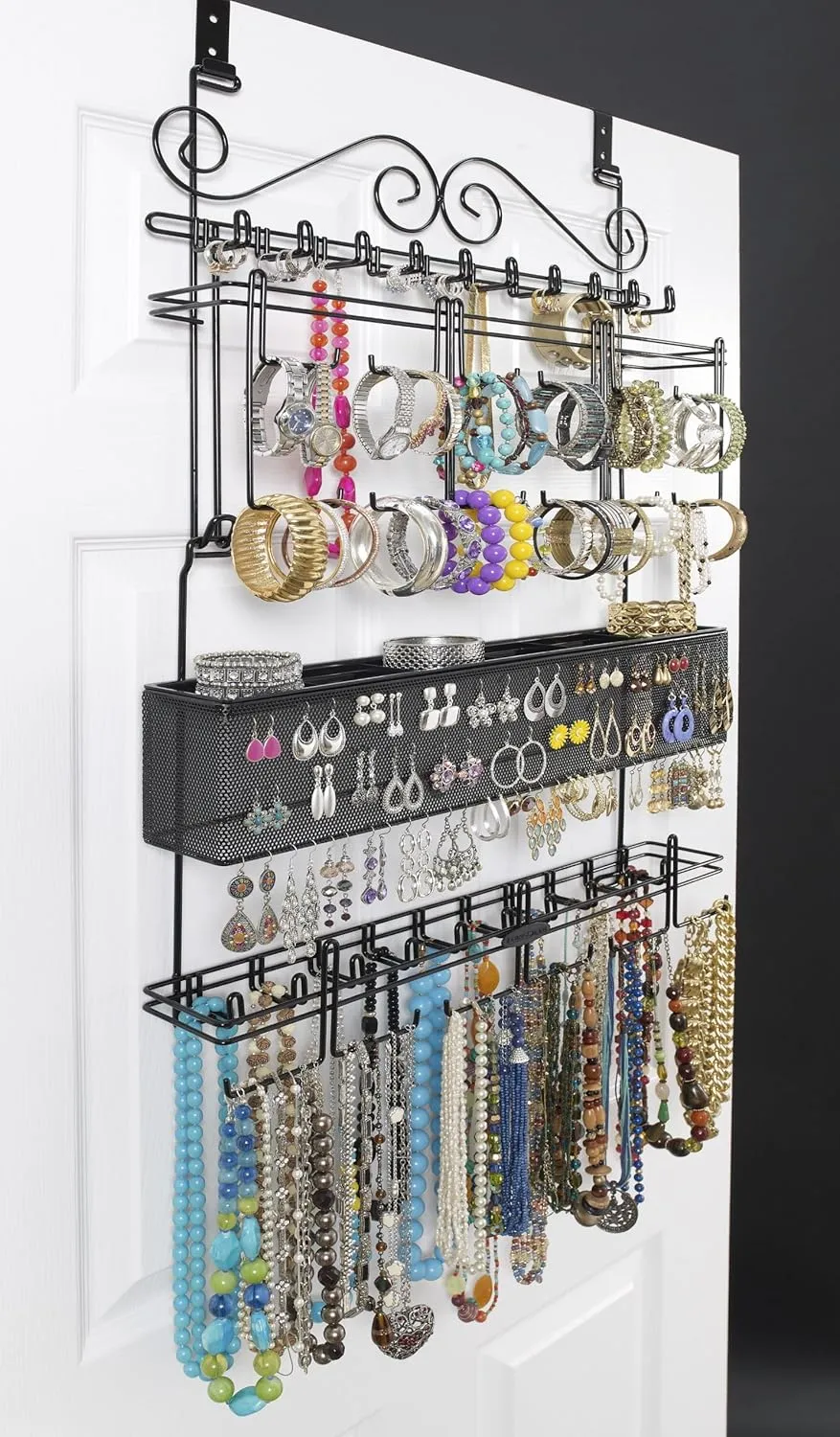 Over the Door or Wall Hanging Jewelry Organizer Rack in Black 6100 Holds Over 300 Pieces of Jewelry