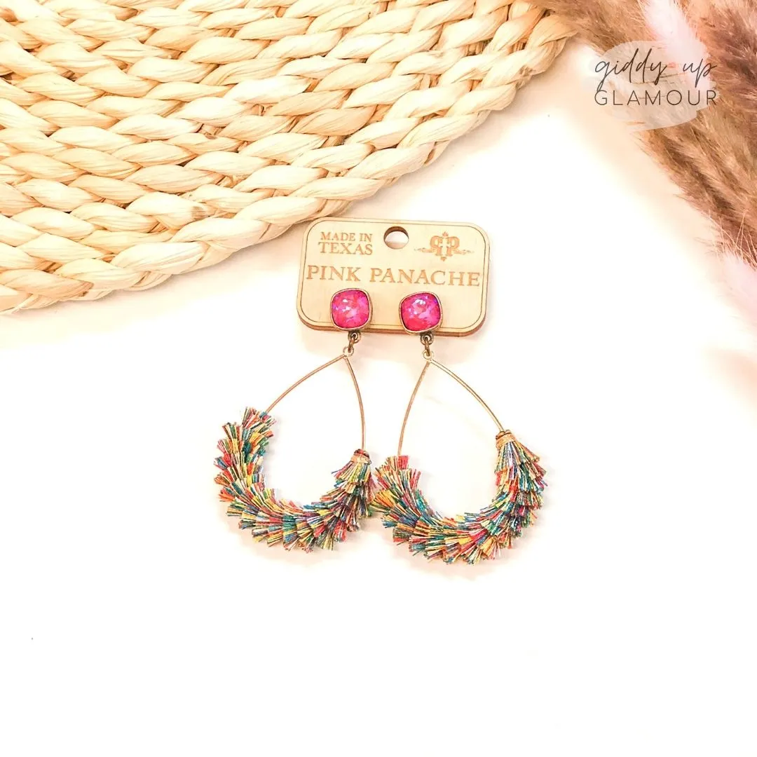Pink Panache | Teardrop Earrings with Fringe Detailing and Pink Cushion Cut in Gold