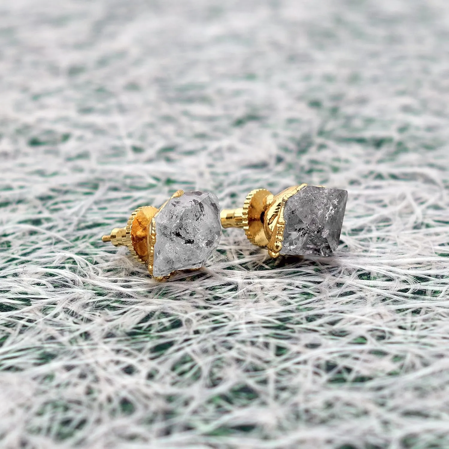 Raw Herkimer Gemstone Stud Earrings - Minimalist Brass Wedding Studs, Tiny Women's Earrings, Perfect for Gemstone Lovers and Easter Day Gift. GFS0218 (ROSE GOLD PLATED)