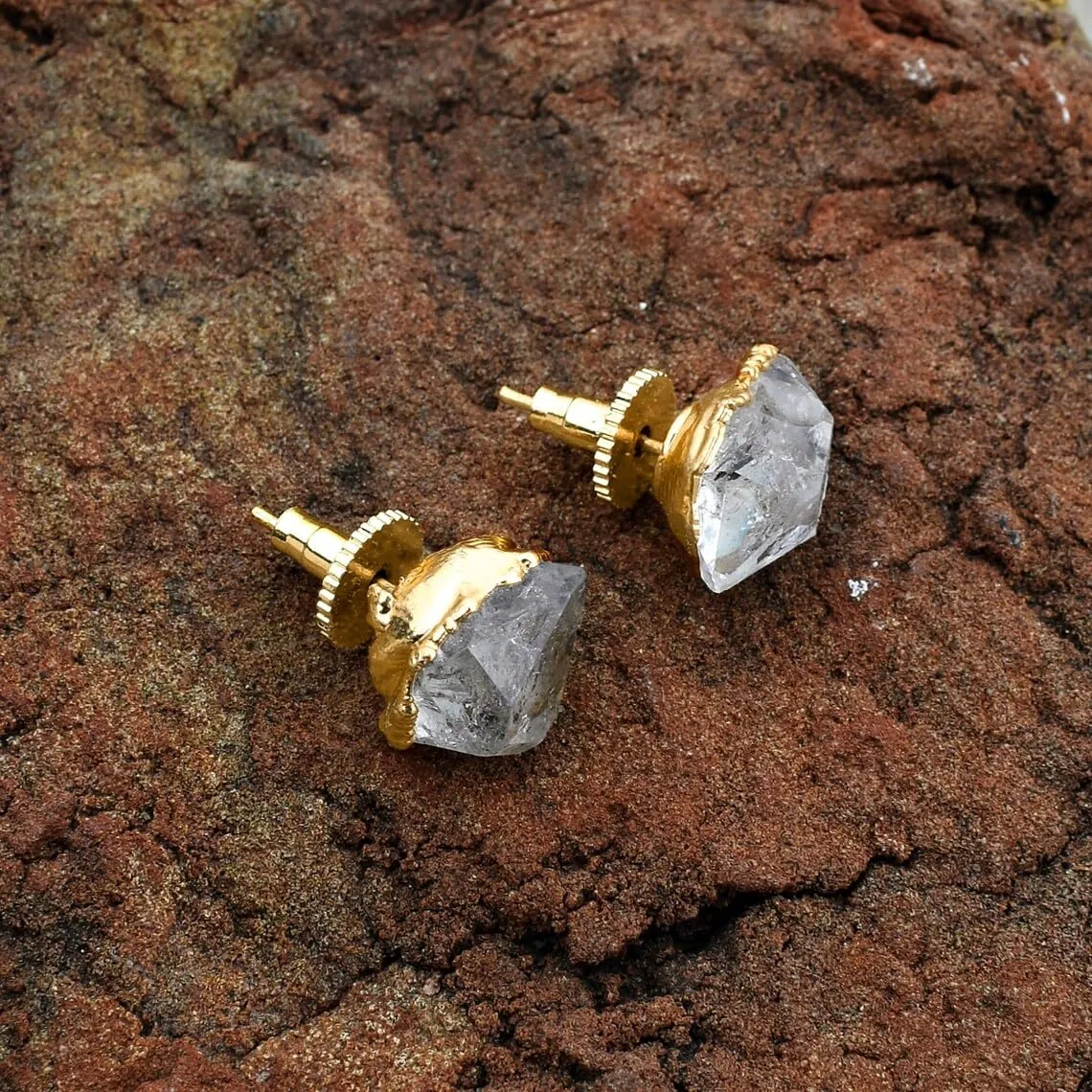 Raw Herkimer Gemstone Stud Earrings - Minimalist Brass Wedding Studs, Tiny Women's Earrings, Perfect for Gemstone Lovers and Easter Day Gift. GFS0218 (ROSE GOLD PLATED)