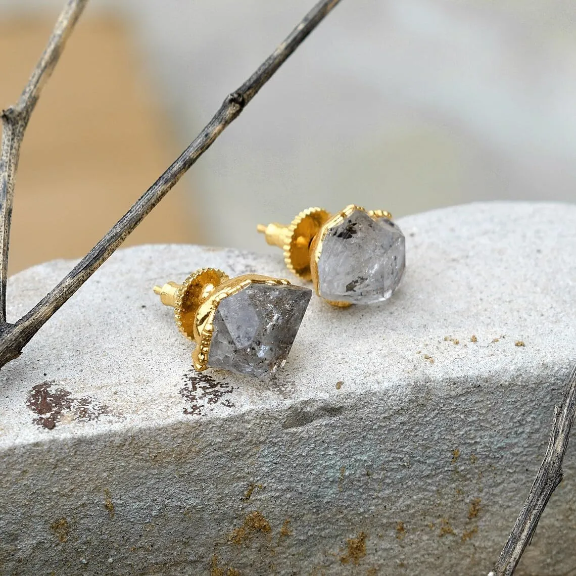 Raw Herkimer Gemstone Stud Earrings - Minimalist Brass Wedding Studs, Tiny Women's Earrings, Perfect for Gemstone Lovers and Easter Day Gift. GFS0218 (ROSE GOLD PLATED)
