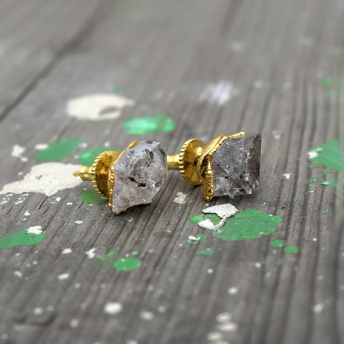 Raw Herkimer Gemstone Stud Earrings - Minimalist Brass Wedding Studs, Tiny Women's Earrings, Perfect for Gemstone Lovers and Easter Day Gift. GFS0218 (ROSE GOLD PLATED)