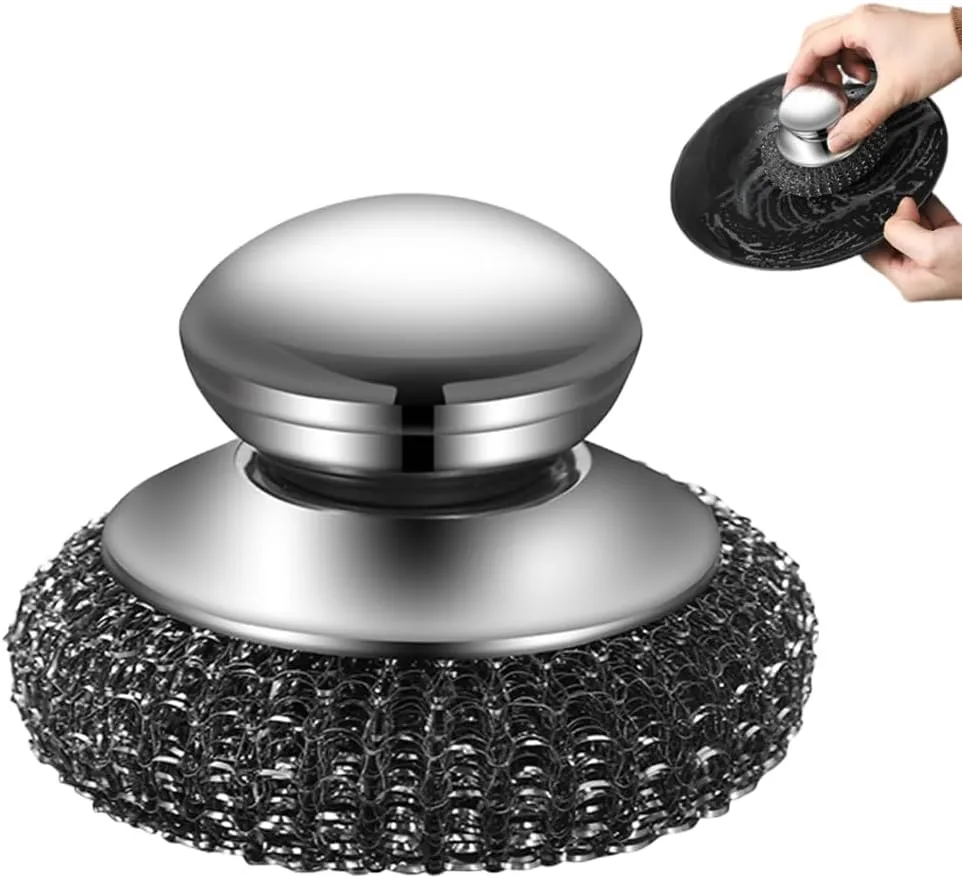 Stainless Steel Wool Scrubber with Handle, Detachable Metal Scrubber Wool Pads for Cleaning Dishes, Iron Pots, Stoves, Wash Sink (A-1Pcs)