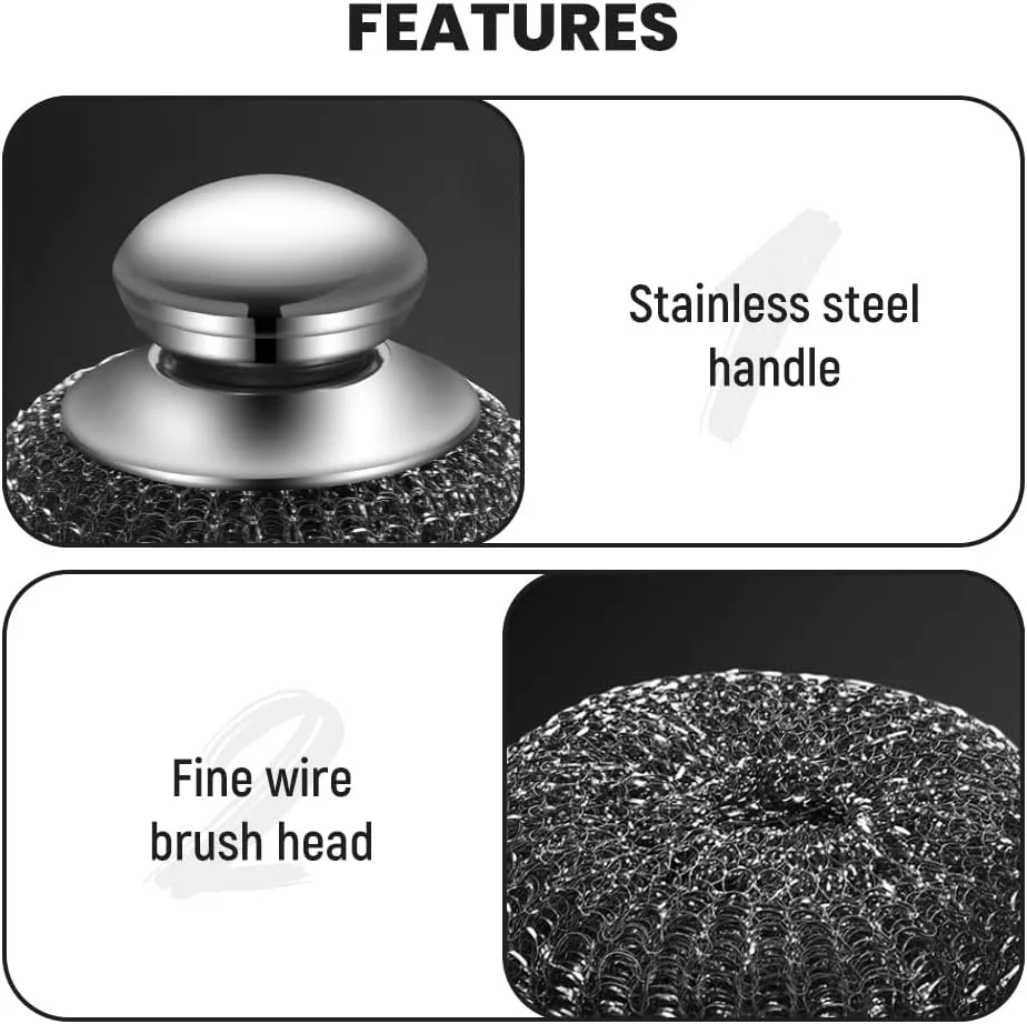 Stainless Steel Wool Scrubber with Handle, Detachable Metal Scrubber Wool Pads for Cleaning Dishes, Iron Pots, Stoves, Wash Sink (A-1Pcs)