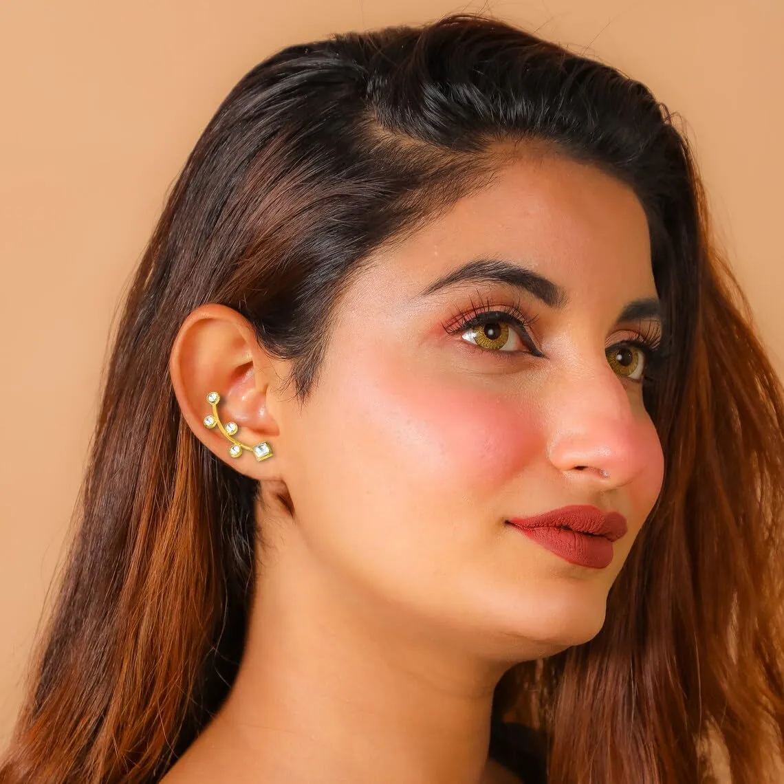 Stunning Polki Diamond Climber Earrings - Gemstone Crawler Earring - Minimalist Ear Sweep for Birthstone - Perfect Easter, Mother's Day, and Wedding Jewelry Gift. GFS6254 (Rose Gold-Plated)