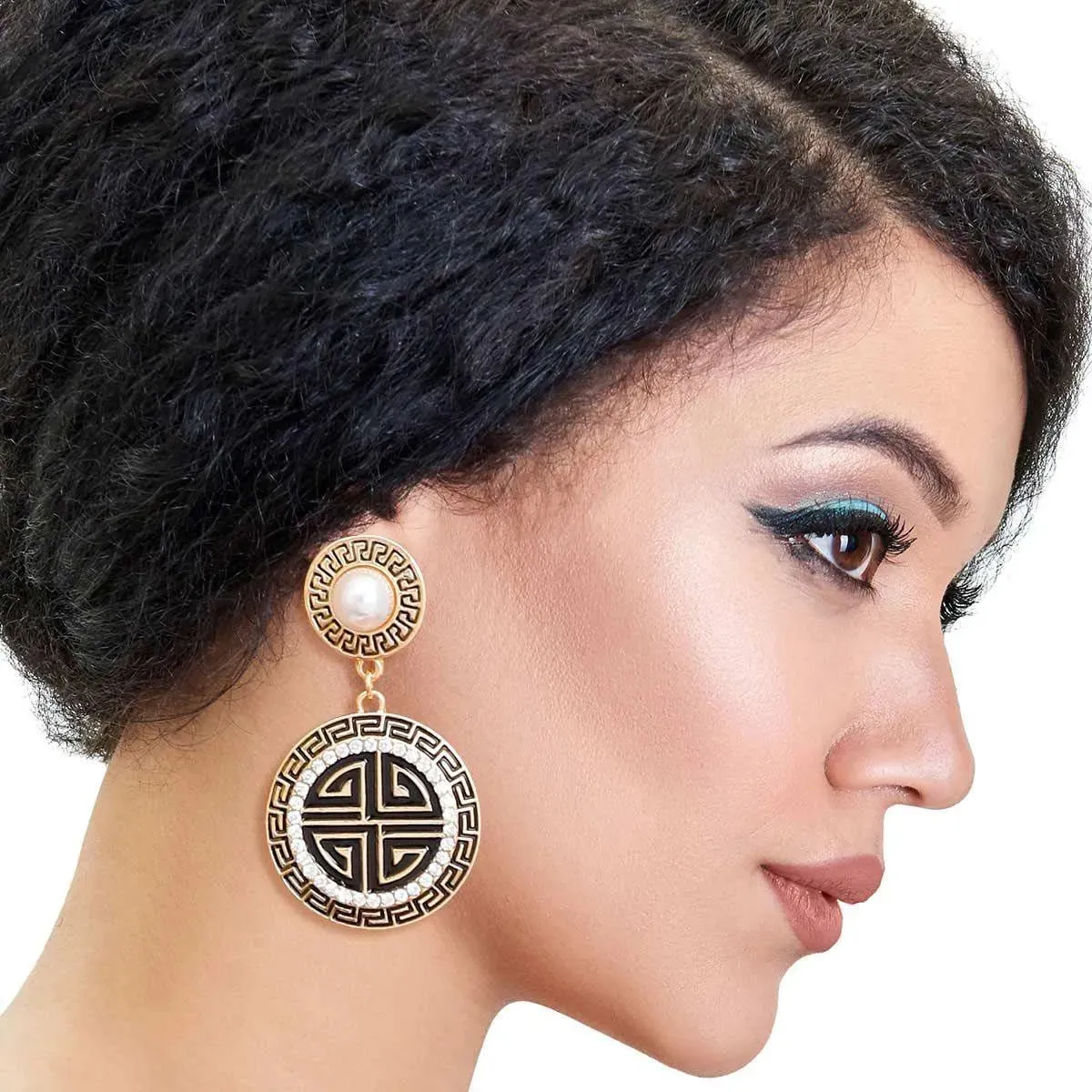 Two-Tone Greek Key Medallion Earrings Gold/Black