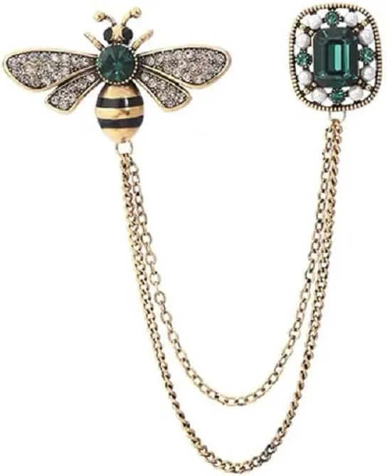 Vintage Honey Bee Brooch Pins for Women Men CZ Crystal Insect Long Chain Lapel Pin Badge Collar Cute Bee Brooch Pin Tassel Enamel Lapel Pin Jewelry Gifts