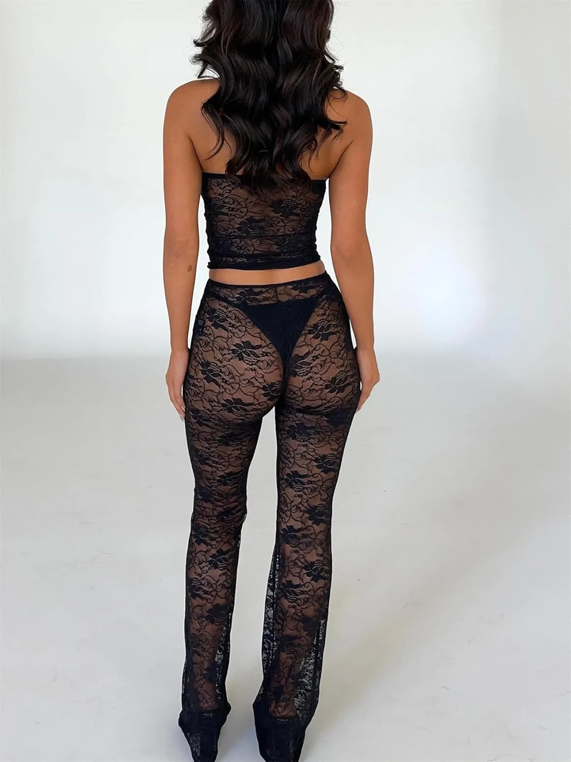 Women Lace 2 Piece Pants Set See Through Floral Lace Crop Corset Tops Slim Fit Flare Pants Sexy Y2k Going Out Outfits