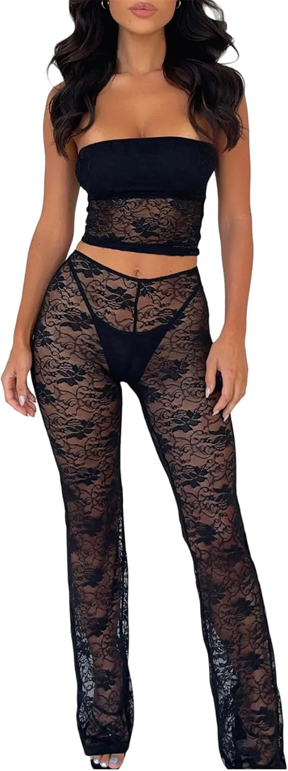 Women Lace 2 Piece Pants Set See Through Floral Lace Crop Corset Tops Slim Fit Flare Pants Sexy Y2k Going Out Outfits