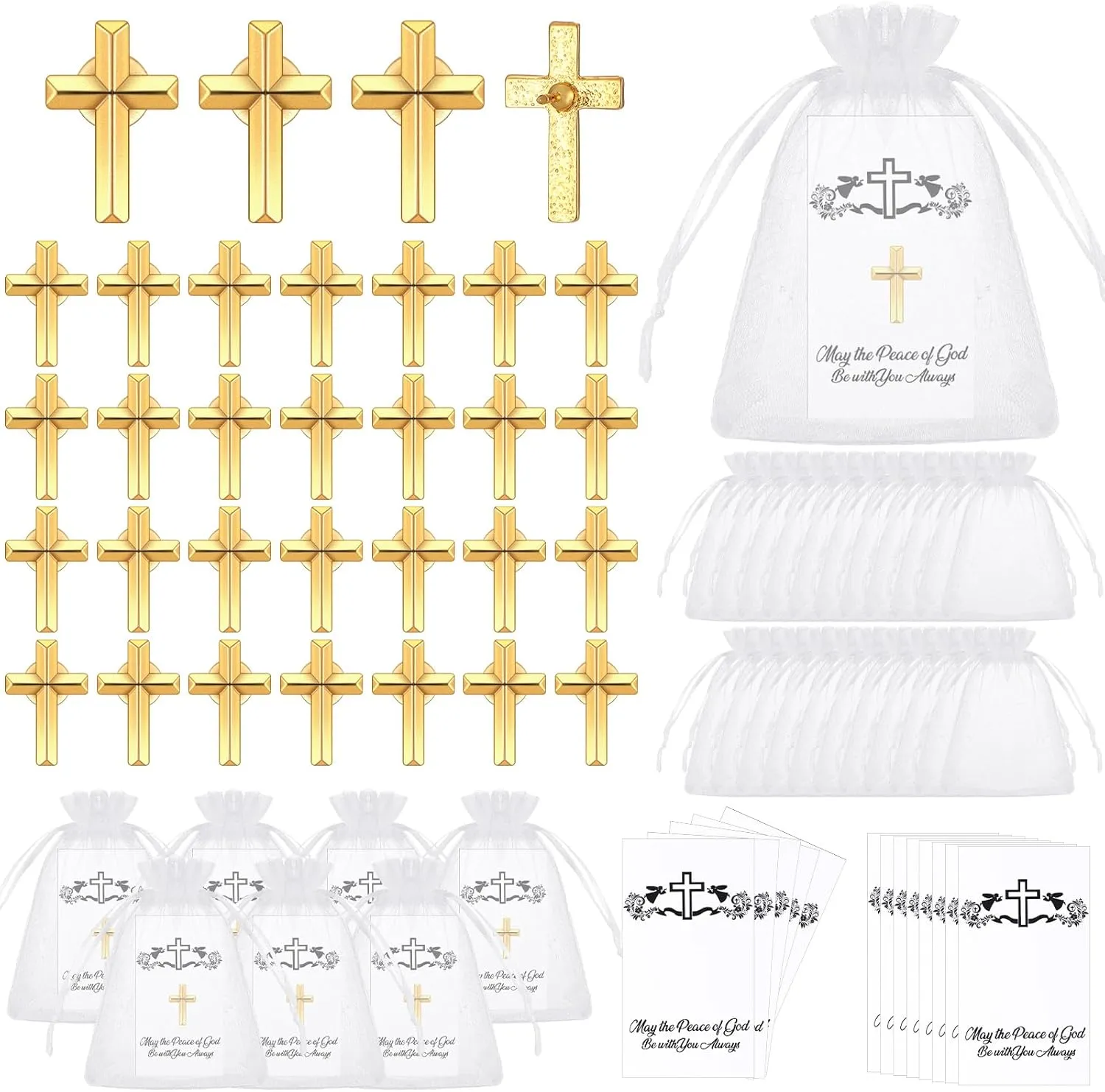 Zeyune 50 Sets Cross Pins Bulk Gold Metal Cross Lapel Pins with Cards and Organza Bags Small Religious Christian Enamel Brooch for Men Women Christian Chaplain Funeral Church Activities Gift